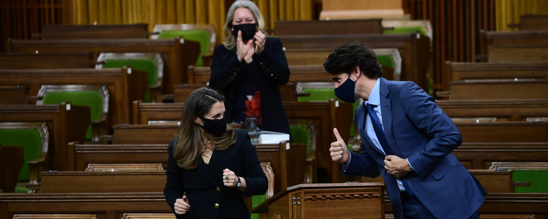 Prime Minister Justin Trudeau gives Finance Minister Chrystia Freeland the thumbs up