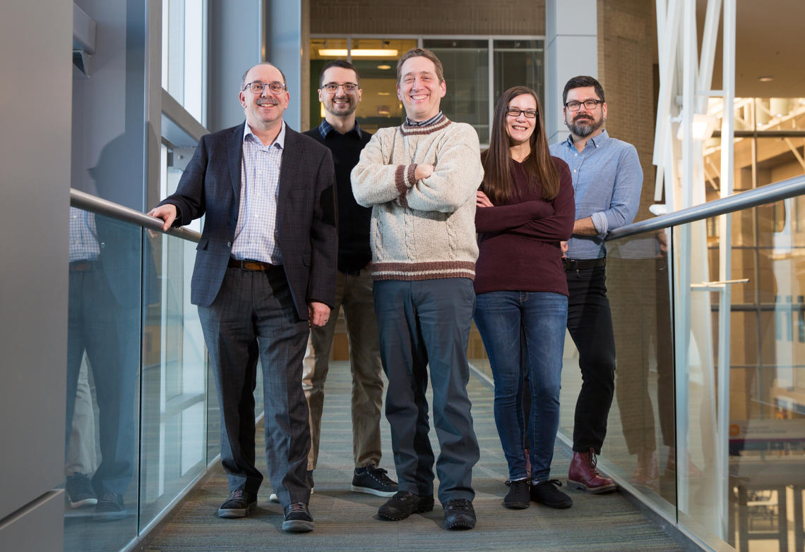 Antibiotics were used to deplete as much of the normal gut bacteria as possible in the small and large intestines of animals, and strong evidence was found that interactions between microbes and the host regulate the entry of copper into the cells of the large intestine. Members of the research team, from left: Keith Sharkey, Fernando Vicentini, Mike Weiser,Keri Miller, Simon Hirota.