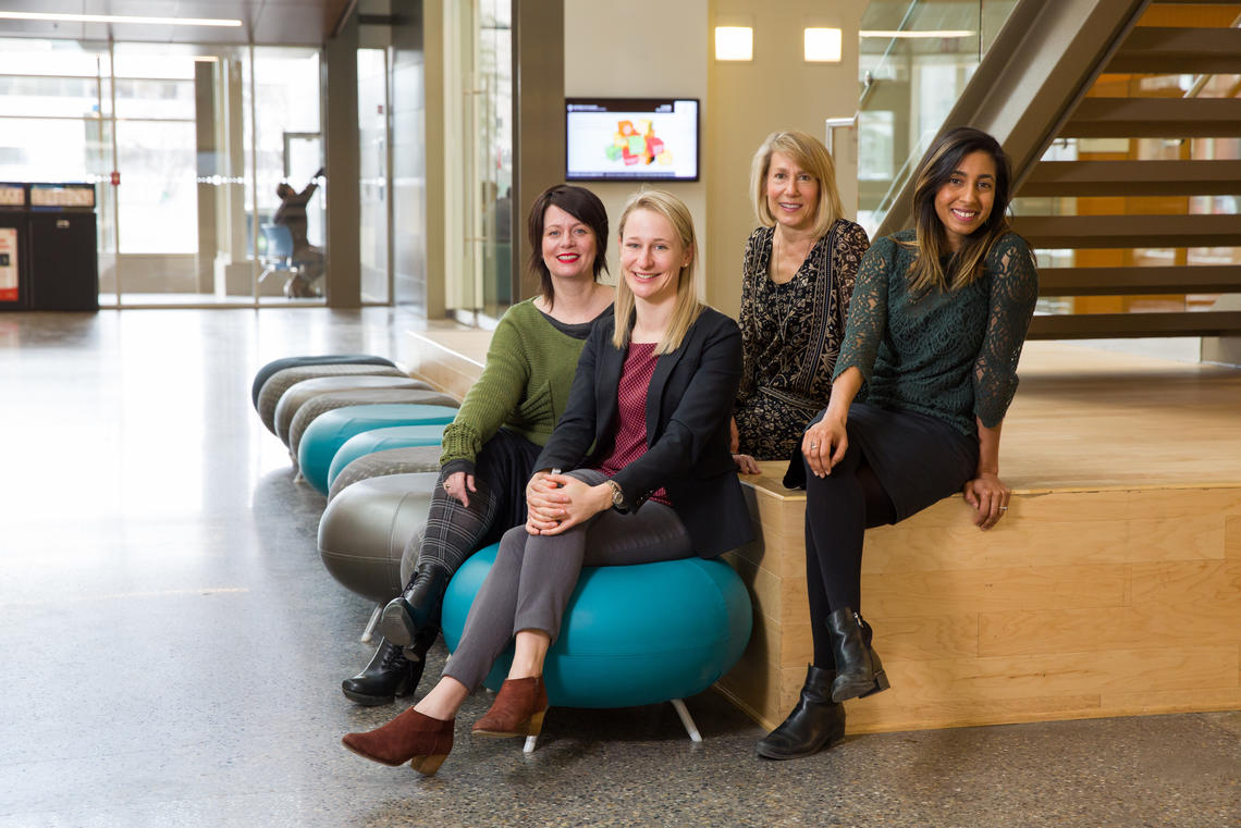 Grad Studies formed the Student Support Team based on feedback from a past Canadian Graduate and Professional Student Survey survey. The team advises more than 150 students every year with matters impacting academic success.  They are, from left: Suzanne Curtin, Michelle Speta, Kimberly Lenters and Jaya Dixit. Photo by Riley Brandt, University of Calgary