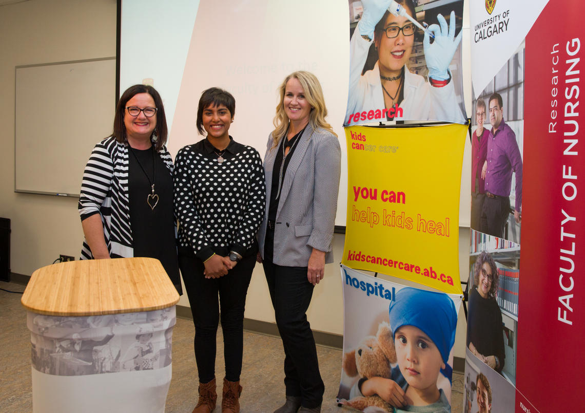From left: Christine McIver, CEO, Kids Cancer Care; Anika Haroon, research participant and University of Calgary student; and Catherine Laing, assistant professor, Faculty of Nursing. 