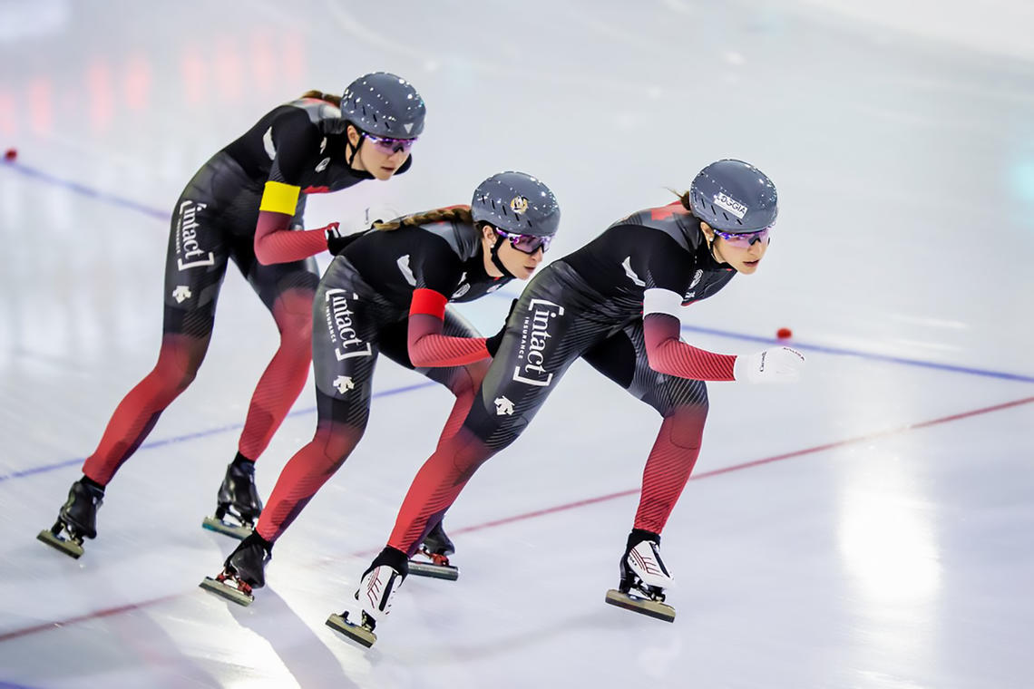 Isabelle Weidemann, Ivanie Blondin, and Valérie Maltais at the ISU World Speed Skating Championship, Friday, Feb. 12, 2021.