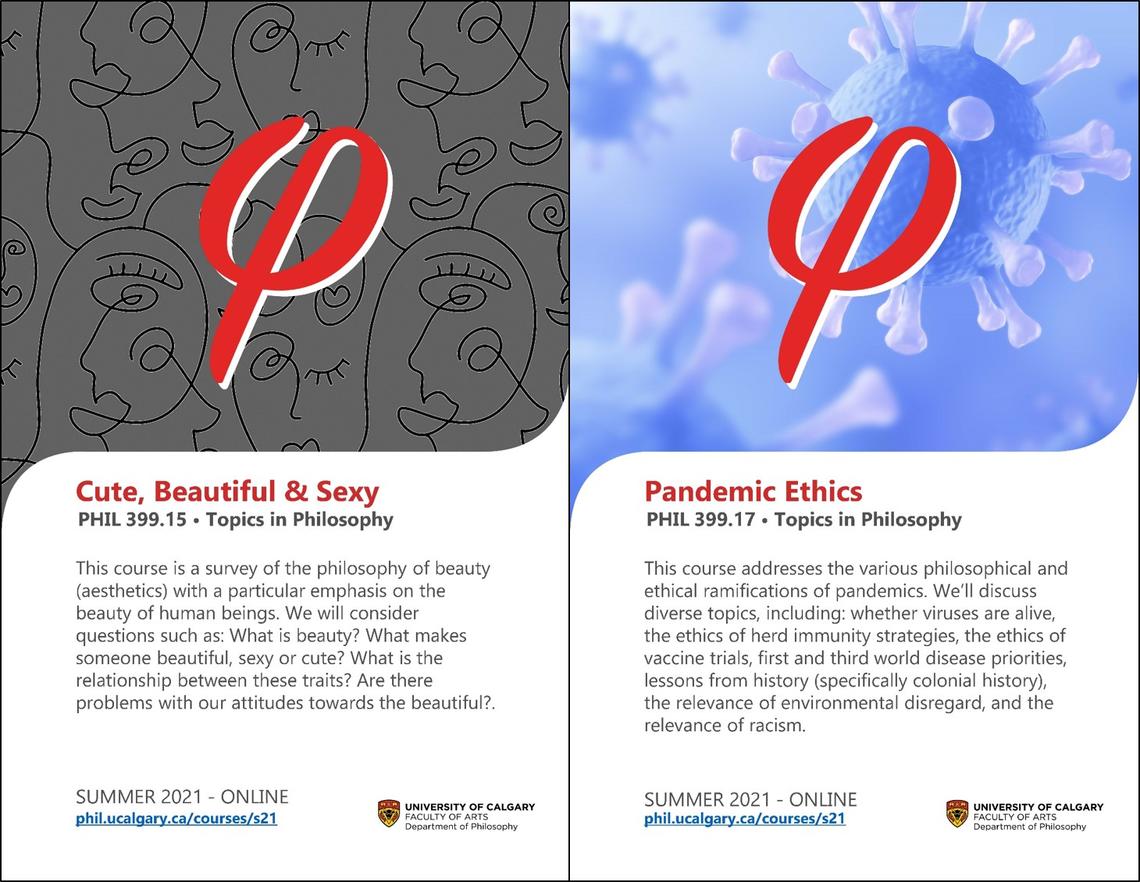 Course posters for Cute, Beautiful and Ugly, and Pandemic Ethics