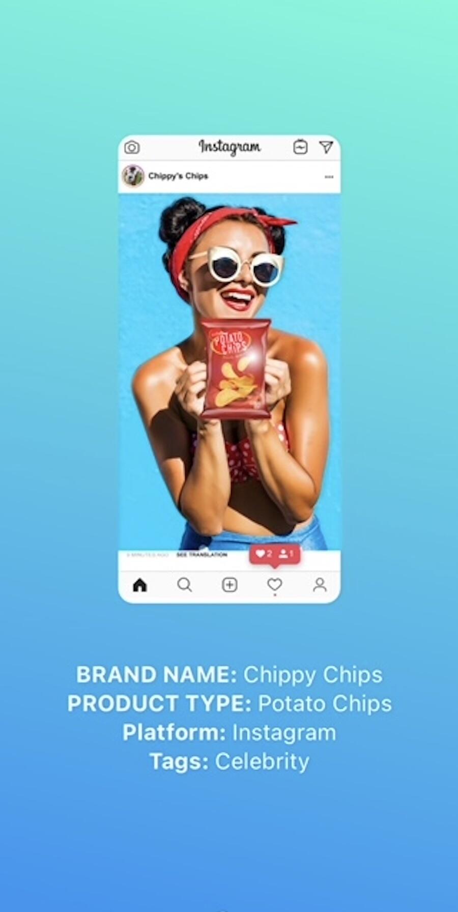 An example of an Instagram ad of "Chippy Chips". A girl in a bikini is smiling and holding up a bag of Chippy Chips. 