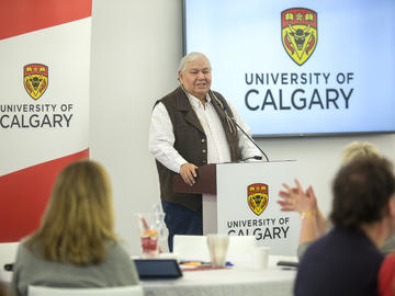 Dr. Reg Crowshoe, Piikani Elder and Traditional Knowledge Keeper in Residence at the University of Calgary, provides a blessing at Knowledge to Impact: Igniting Community Engagement in the City Building Design Lab on Monday, April 29, 2019.