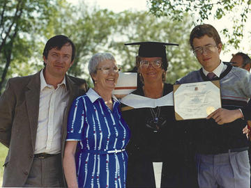 From left, David McAmmond (friend), Helen Fischer Morrison (mother), Diana Mansell and Will lauber (son) at her MA graduation from University of Calgary.