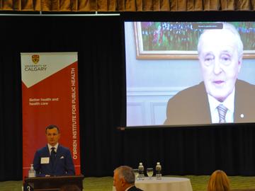 Tom Stelfox, scientific director of the O’Brien Institute for Public Health, poses a question to former Prime Minister Brian Mulroney during a virtual conversation on Monday, Nov. 29.