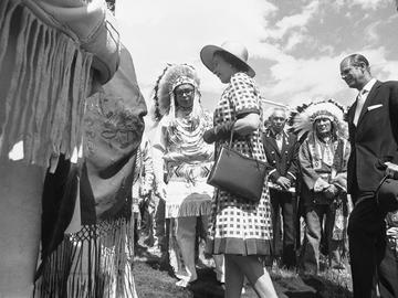 Queen meeting members of First Nations at Calgary Exhibition and Stampede Indian Village, Calgary, Alberta