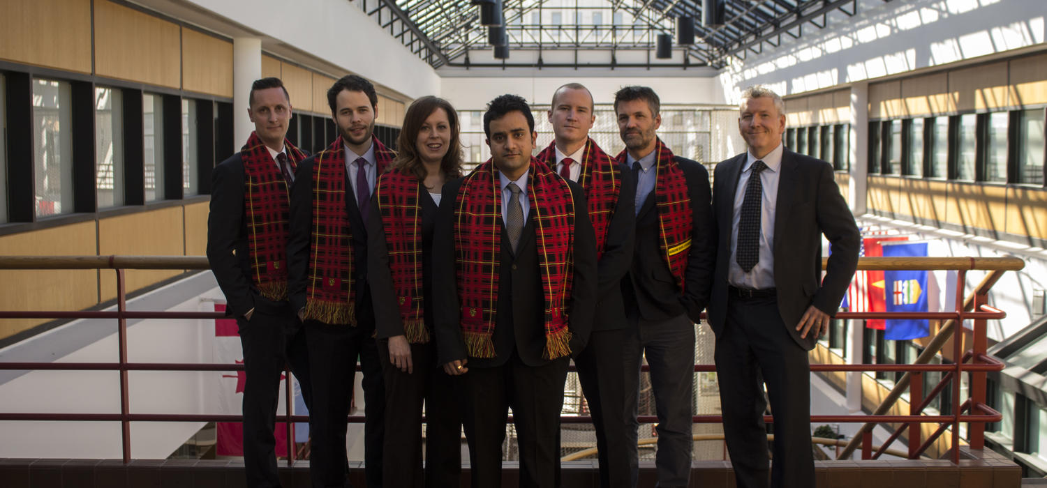 From left, Leighton Wilks, instructor and team coach; Patrick Keogh; Heather Hirst; Rohan Surve; Jesse Solheim; and faculty advisers Julian Norris, and Piers Steel. They make up the 2015 Haskayne Ivey Leadership Case Competition team.