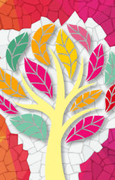 A graphic of a tree with different coloured leaves sits on a colourful mosaic-type background