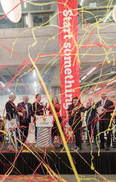 Streamers fill the air as campus leaders celebrate the launch of the Hunter Student Commons at the University of Calgary on Tuesday.