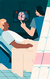 Illustration of person in hospital with brain scan
