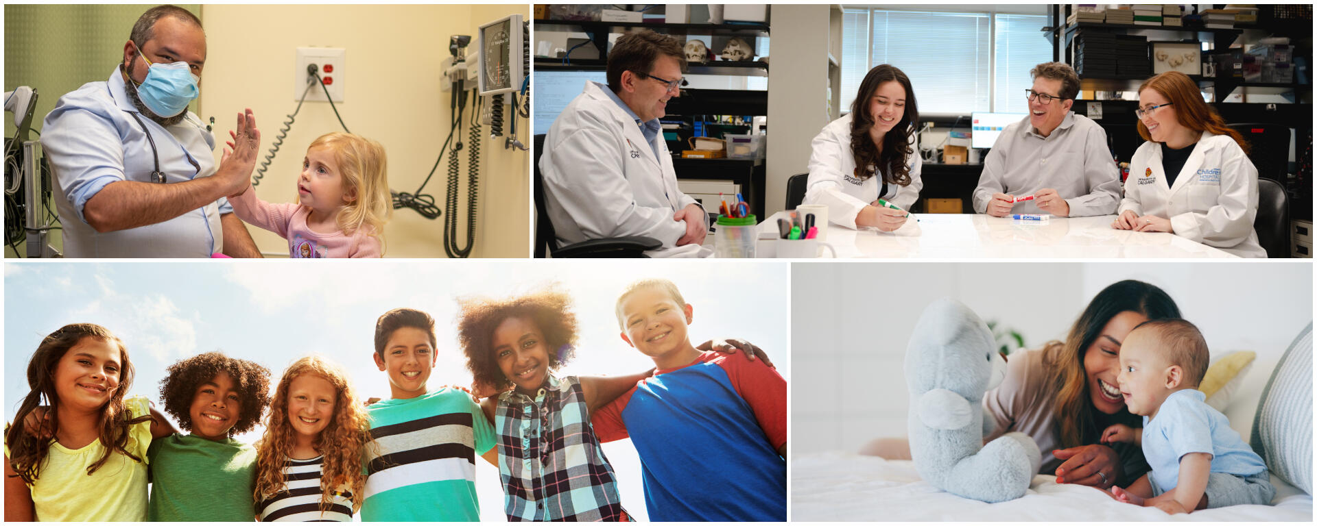 collage of photos of research at Alberta Children's Hospital, group of teens, researchers in lab and mom with baby