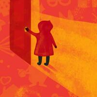 illustration of child in red cloak opening door 